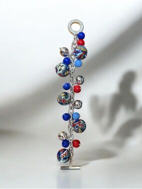 Vera Bradley Vtg Millefiori Murano Glass Charm Bracelet Silver-Tone Toggle 8”
